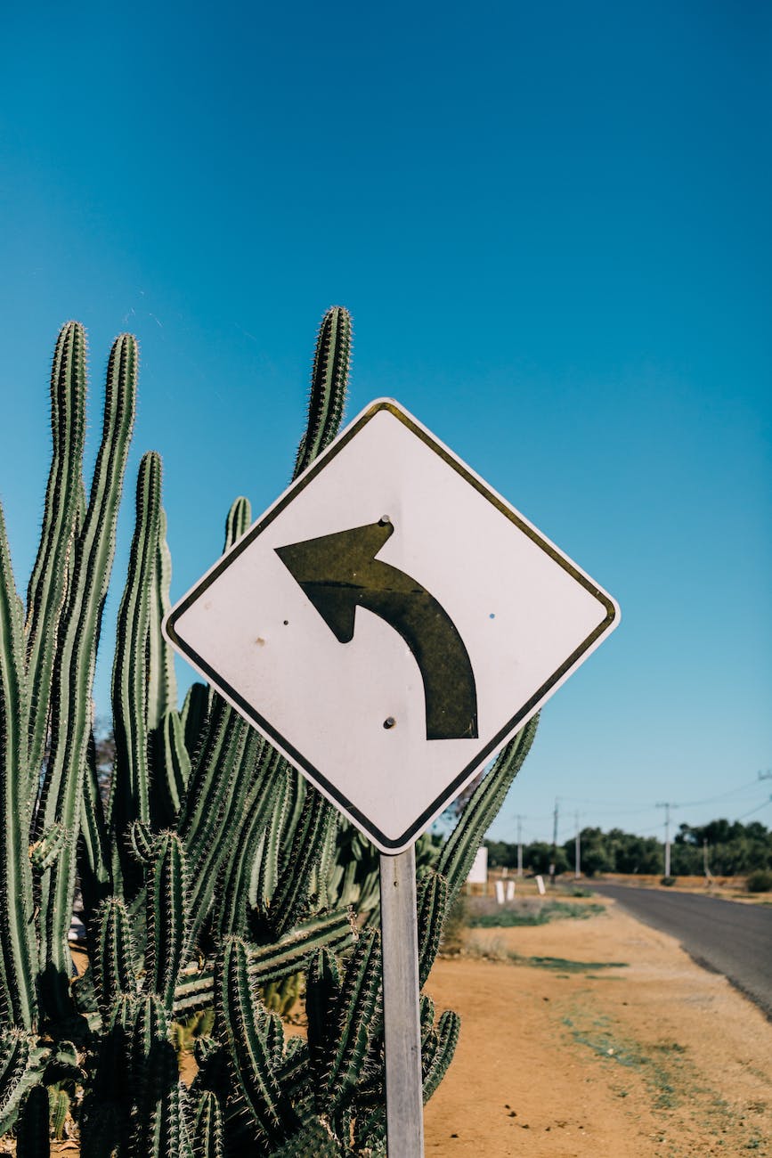 Cartello stradale che indica una svolta in una strada desertica. 